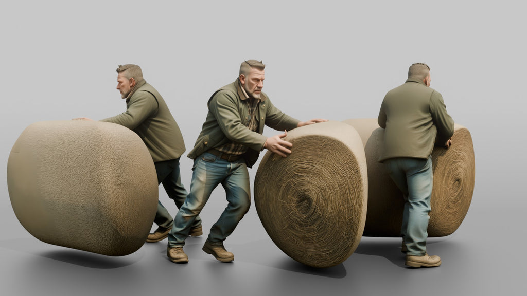 Farmer Rolling Large Round Hay Bale