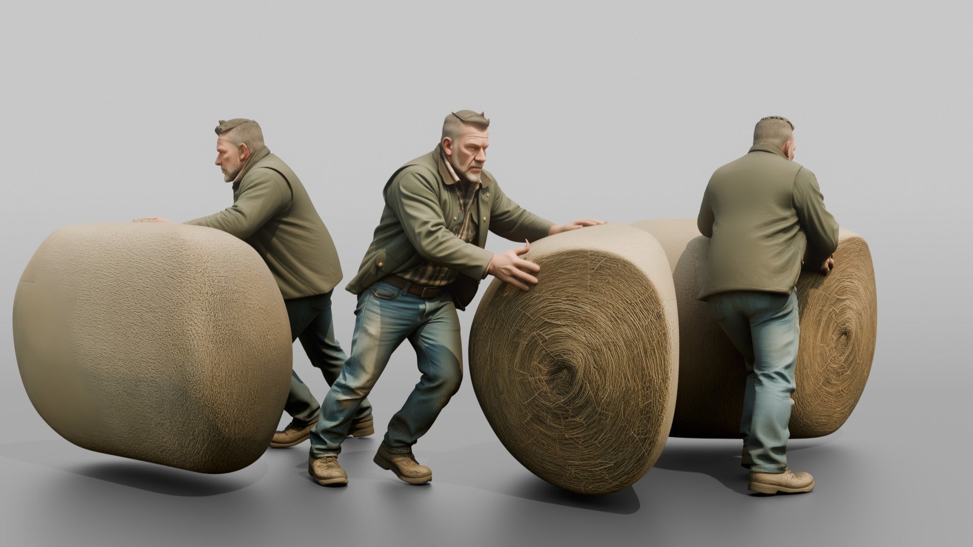 Farmer Rolling Large Round Hay Bale
