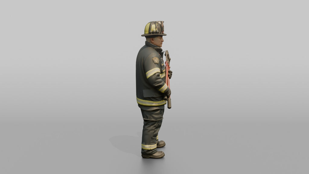 Firefighter Man Standing Ready While Holding a Heavy Bolt Cutter