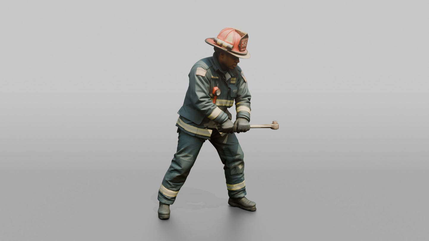 Firefighter Man Turning a Large Metal Fire Hydrant Valve Key