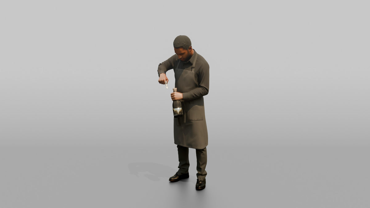 Server Woman Holding A Corkscrew, Opening A Wine Bottle - 3D character model, view 4