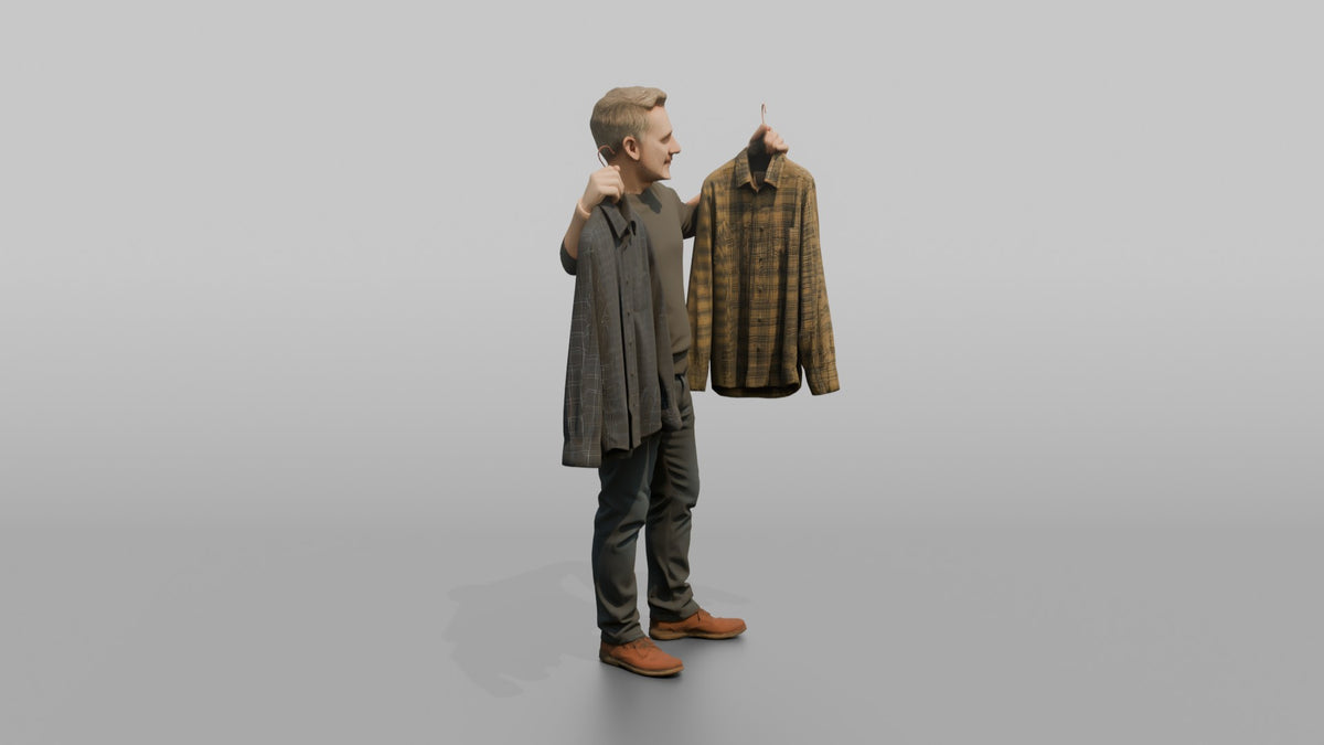 Man Customer Holding Two Shirts Up For Comparison - 3D character model, view 2