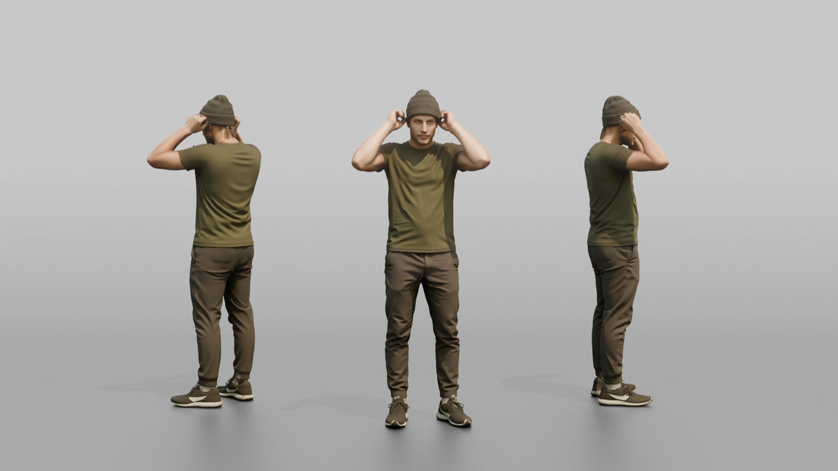 Man Customer Trying On A Beanie Hat - 3D character model, view 1