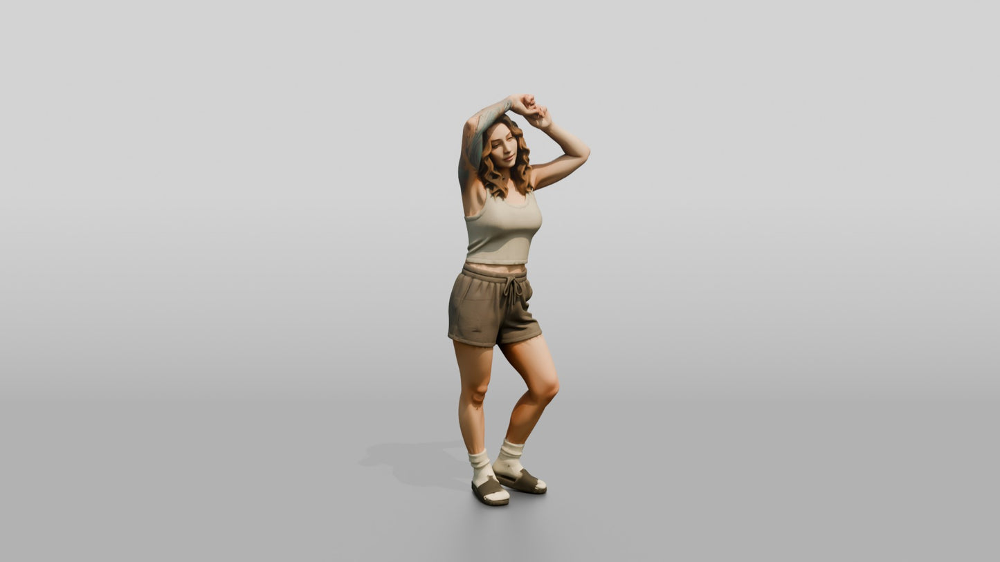 Woman Running Hands Through Wavy Hair in Cream Outfit