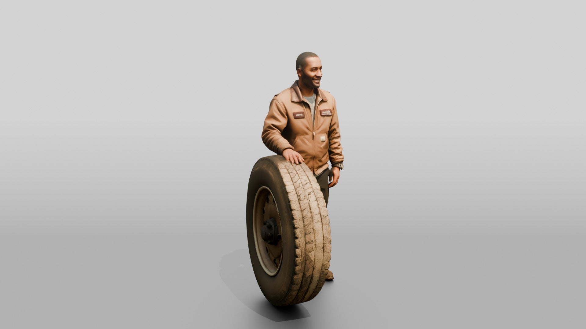 Mechanic Resting Hand on a Truck Tire