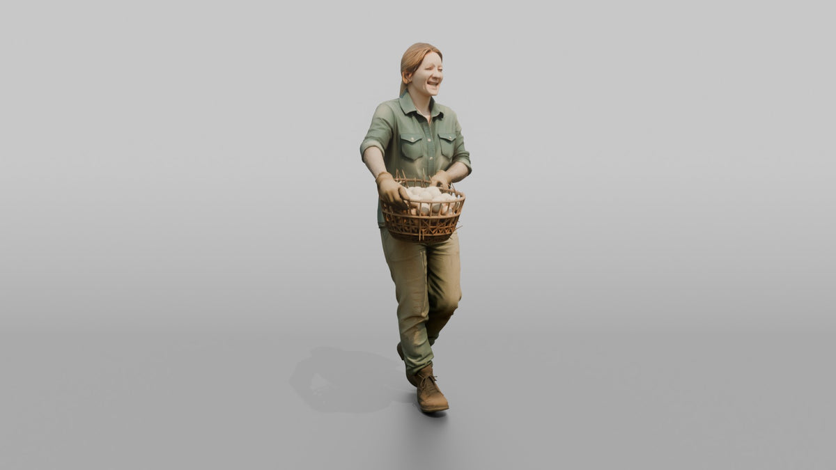 Farmer Carrying Oversized Basket Of Fresh Chicken Eggs - 3D character model, view 1