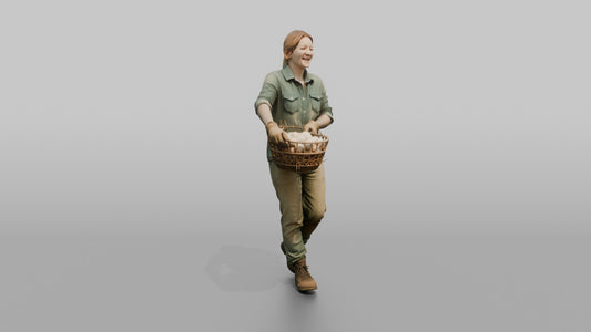 Farmer Carrying Oversized Basket Of Fresh Chicken Eggs - 3D character model, view 1