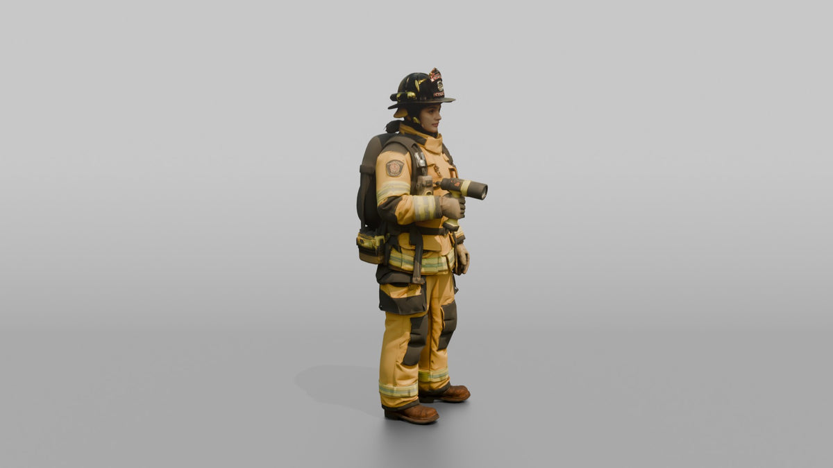 Firefighter Woman Clutching a High-intensity Right-angle Flashlight - 3D character model, view 1