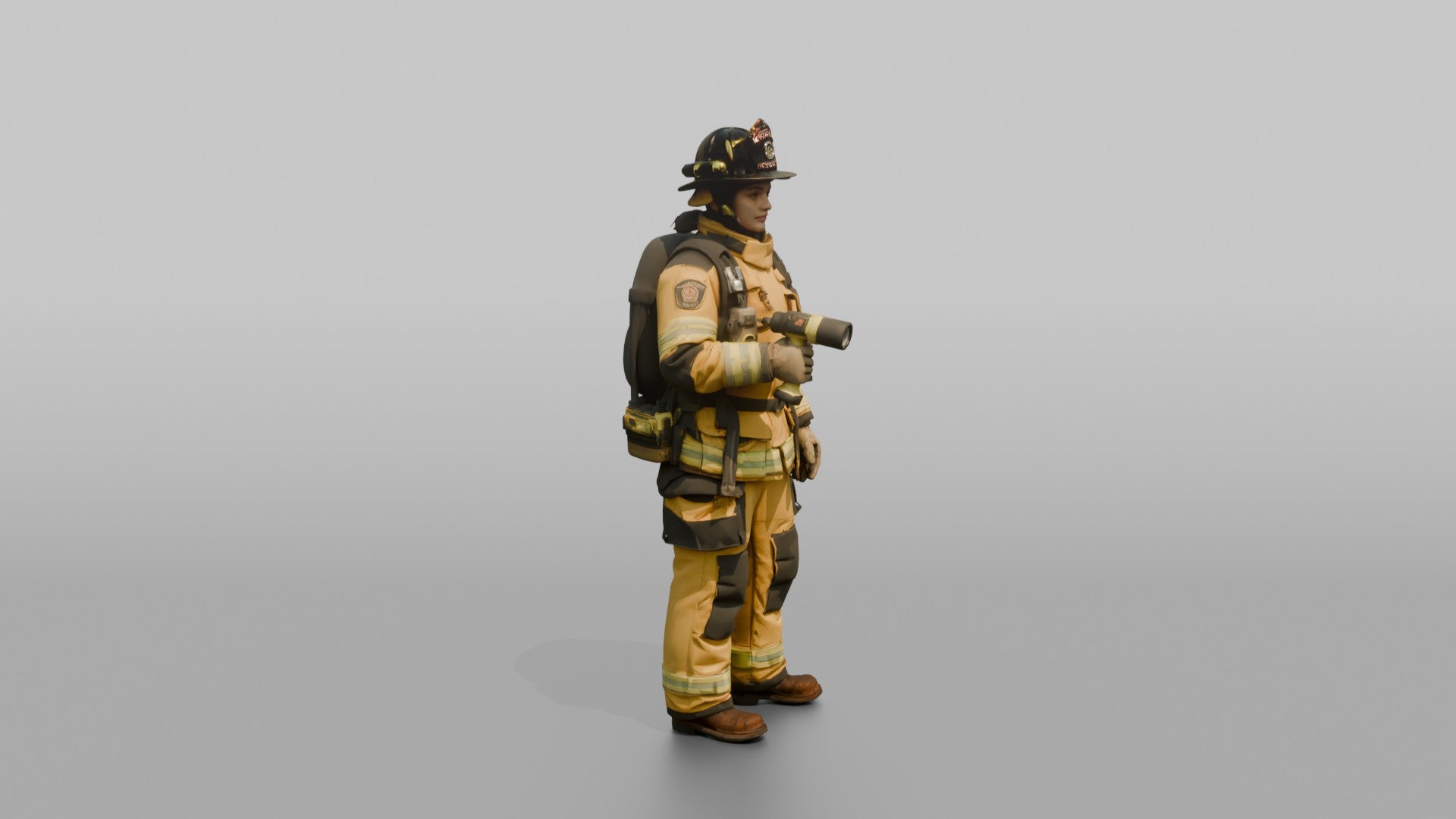 Firefighter Woman Clutching a High-intensity Right-angle Flashlight