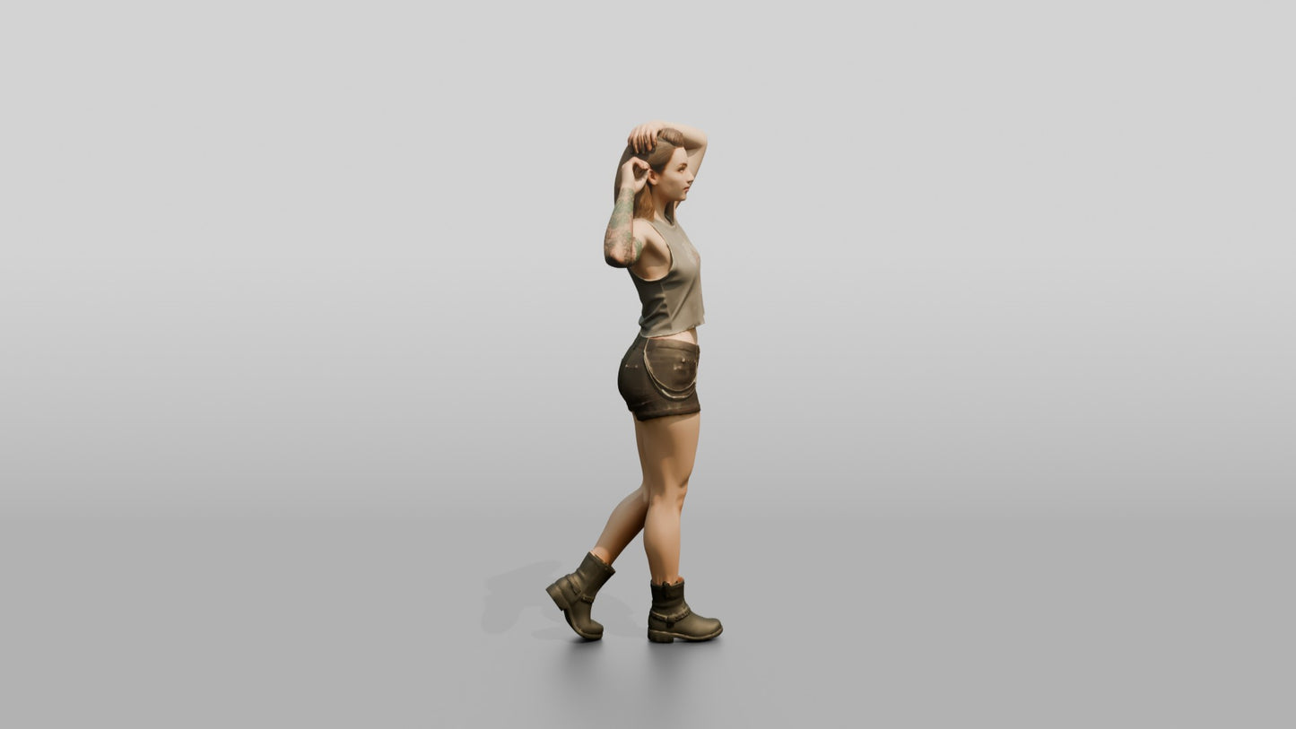 Woman Adjusting Her Hair in Cream Top and Denim Shorts
