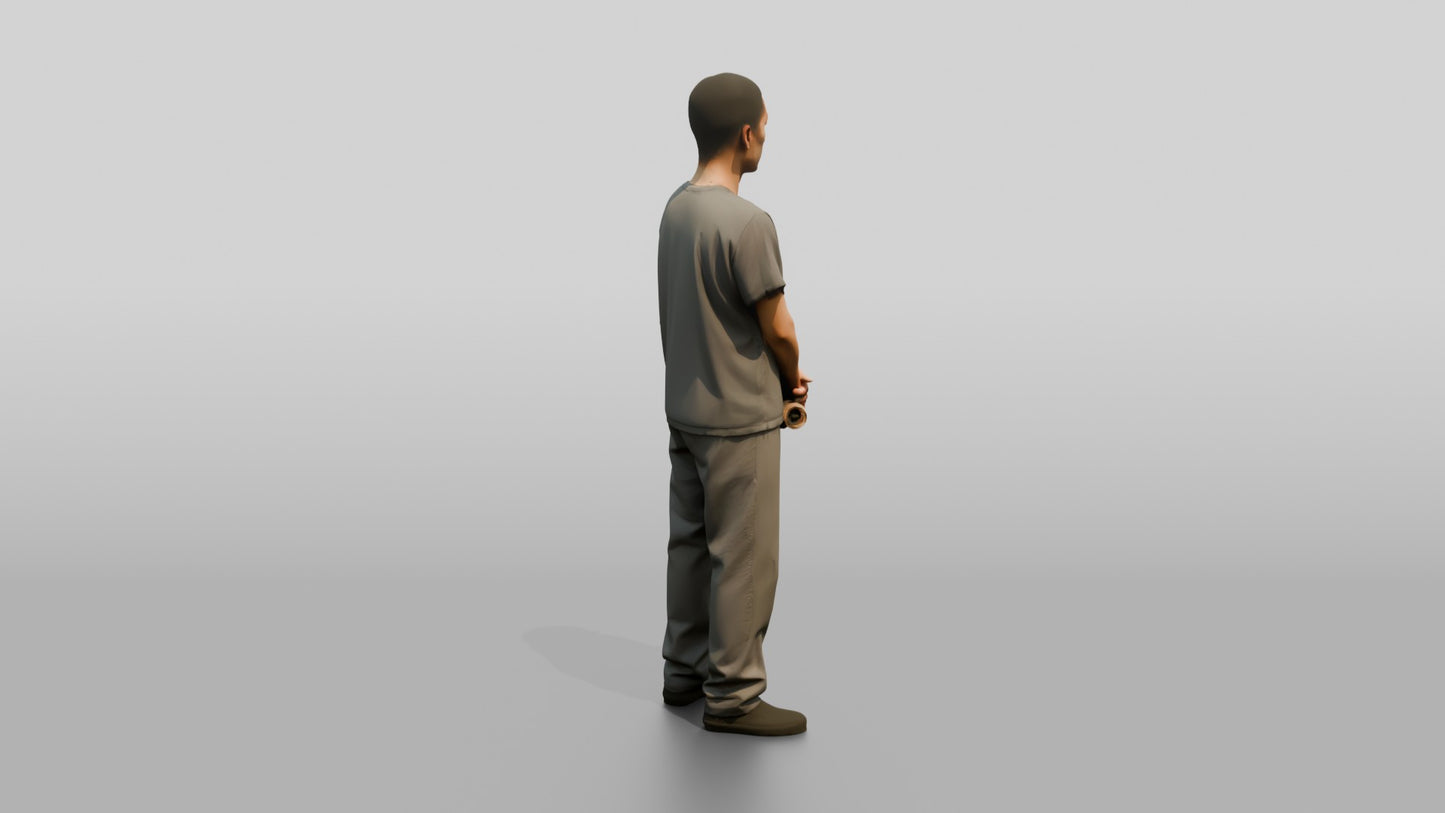 East Asian Male Prisoner in a Grey Scrub Uniform
