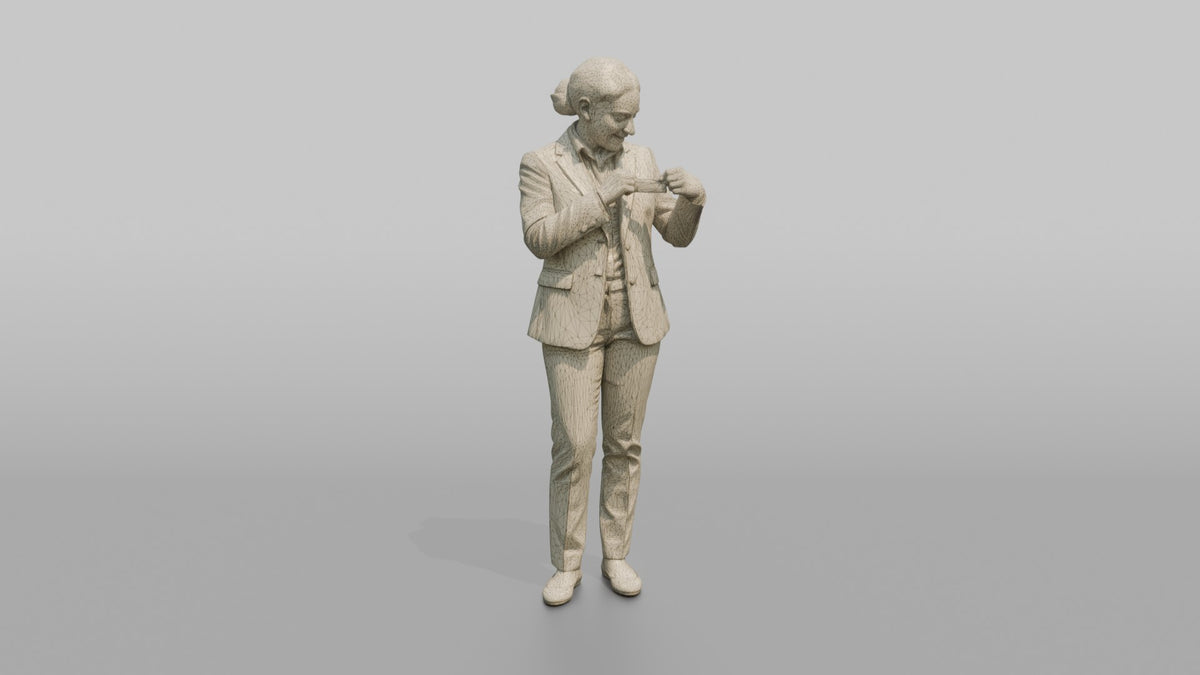 Concierge Woman Adjusting A Name Badge On Their Blazer - wireframe topology preview