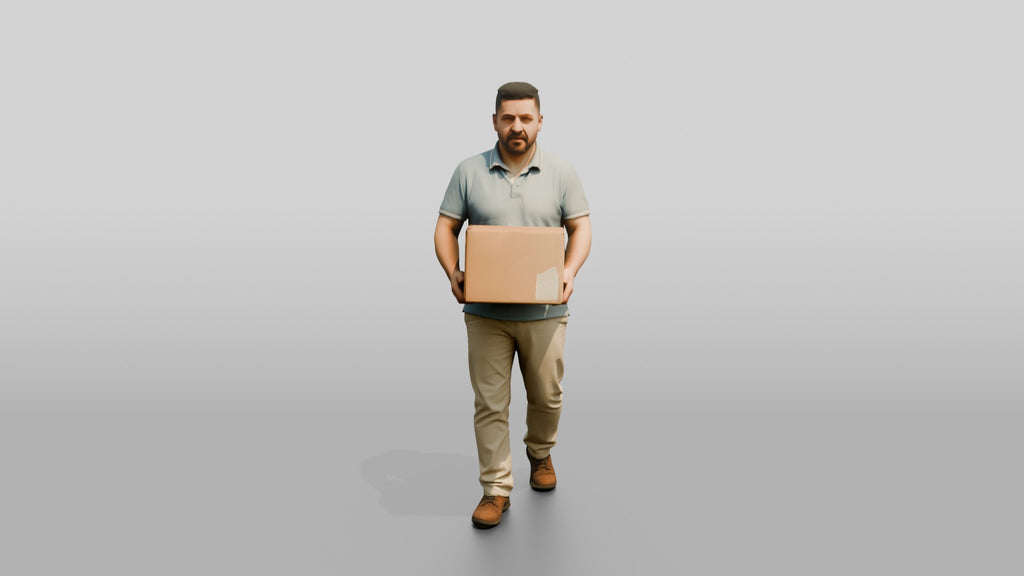 Stocky Middle-Aged Syrian Man Carrying a Cardboard Box