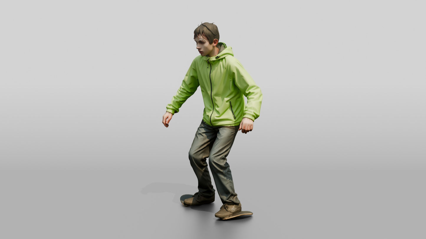 White Teen Boy Skateboarding in Green Jacket