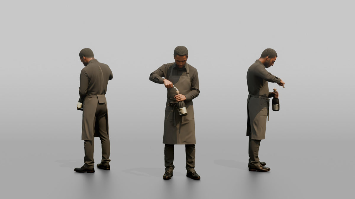 Server Woman Holding A Corkscrew, Opening A Wine Bottle - 3D character model, view 1