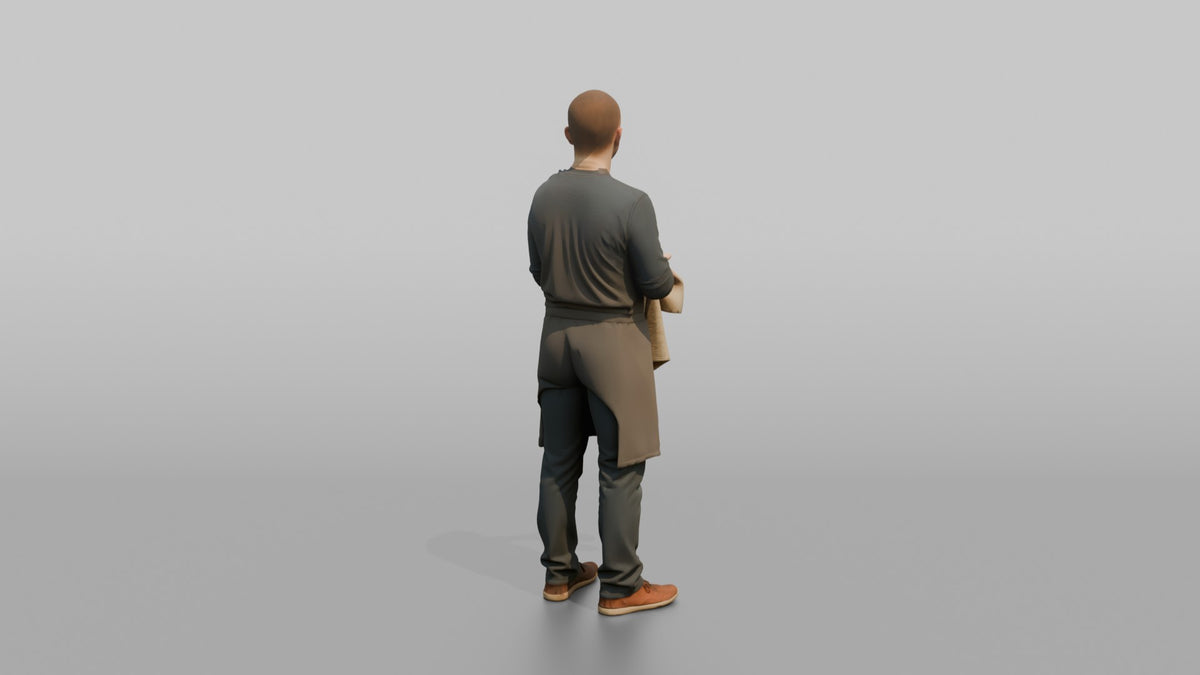 Father Wiping His Hands On A Kitchen Towel, Apron On - 3D character model, view 3