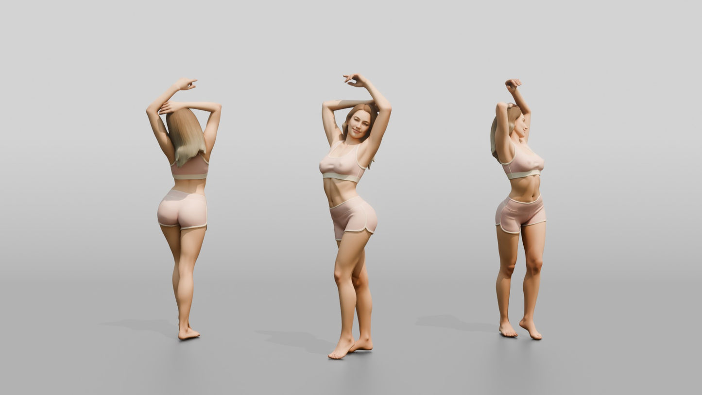 Woman in Blush Pink Activewear Stretching Overhead