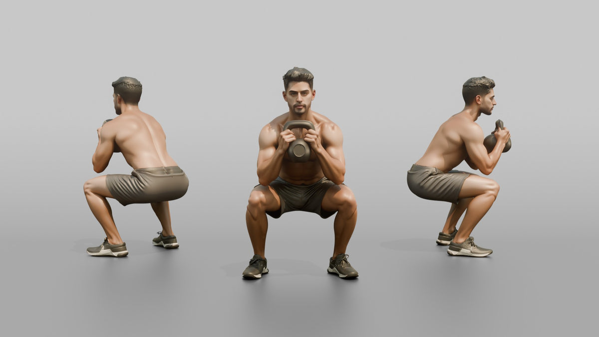 Weightlifter Man Holding A Kettlebell In A Goblet Squat Position - 3D character model, view 1