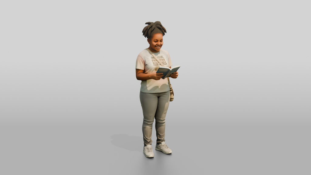 Plus-Size Black Woman with Dreadlocks Standing Reading a Book