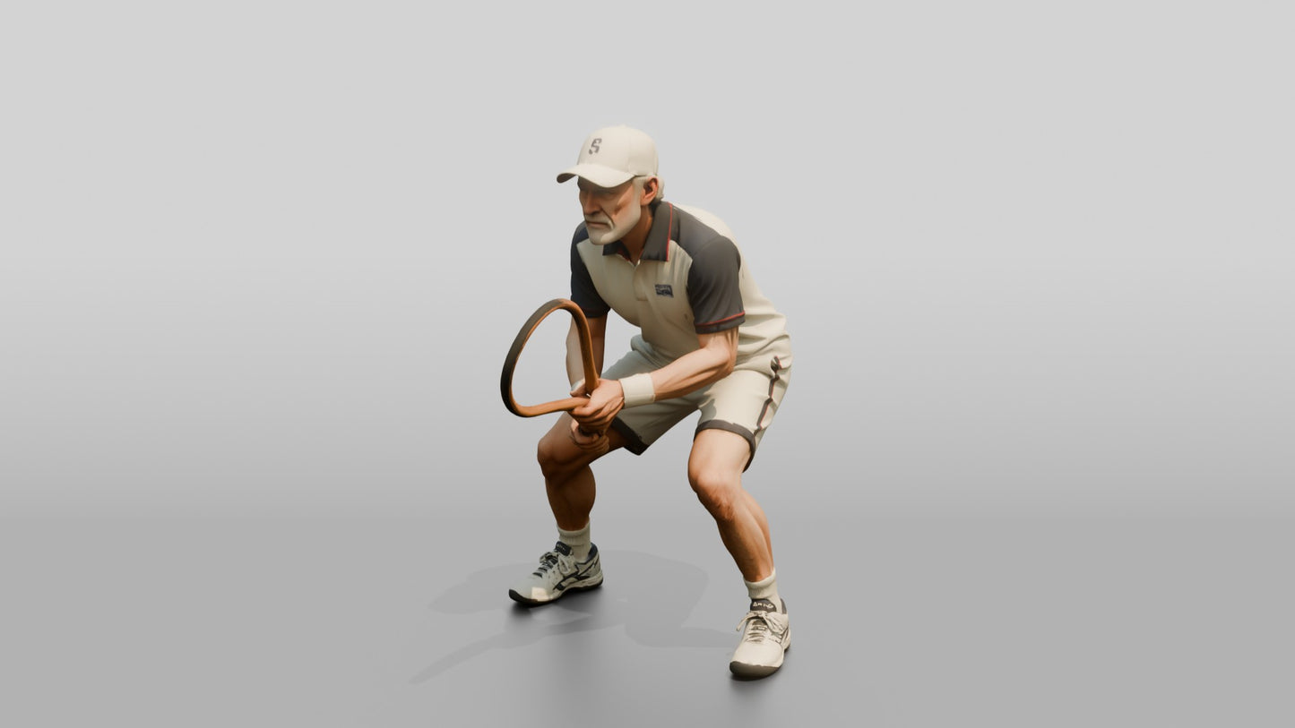 Senior Tennis Player in a Deep Defensive Stance