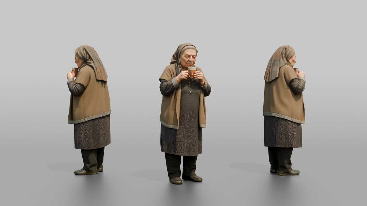 Grandmother Holding A Cup Of Tea, Blowing On It Gently - 3D character model, view 1