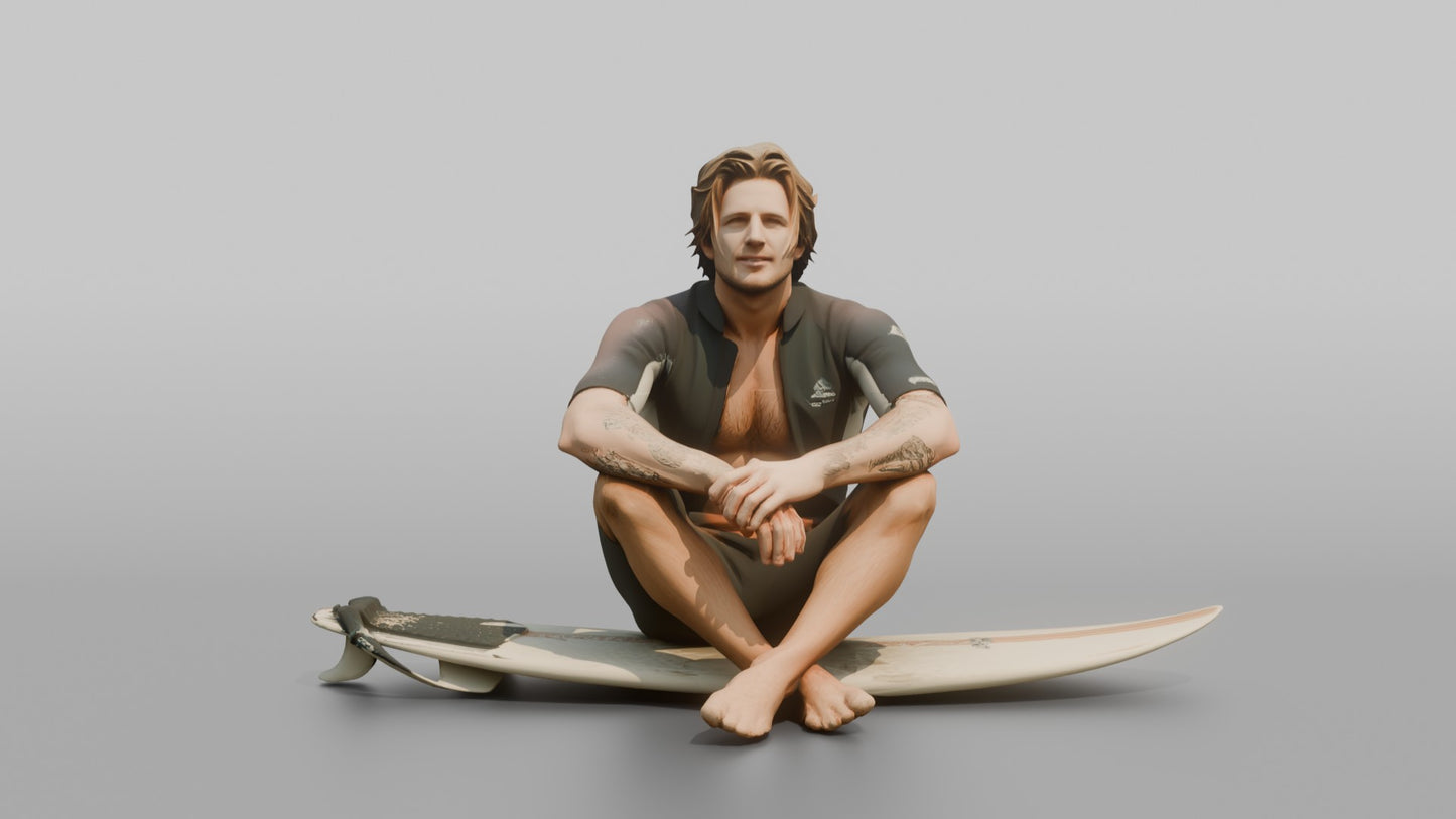 Surfer Sitting on His Surfboard