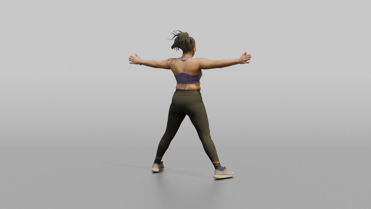 Cardio Athlete Woman Mid-jumping-jack, Arms Out To The Sides - 3D character model, view 3