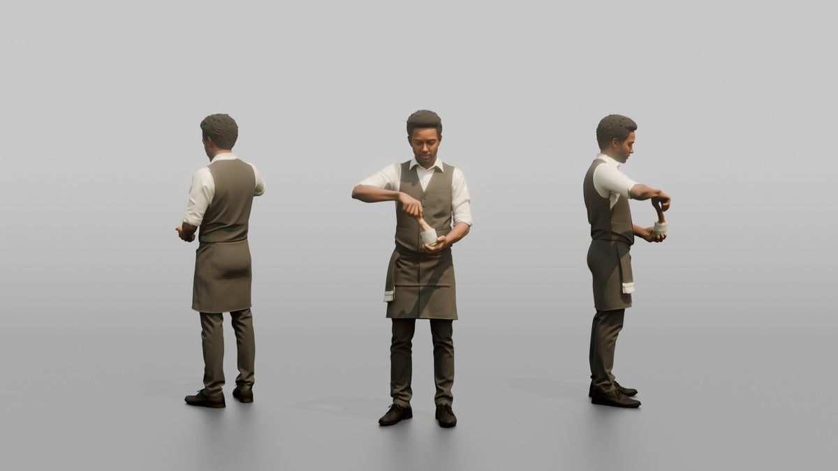 Bartender Man Holding A Muddler Over A Glass - 3D character model, view 1