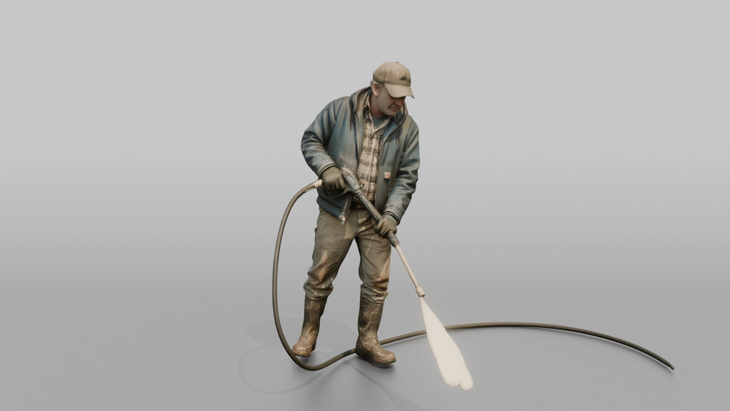 Farmer Spraying Down Concrete Barn Floor