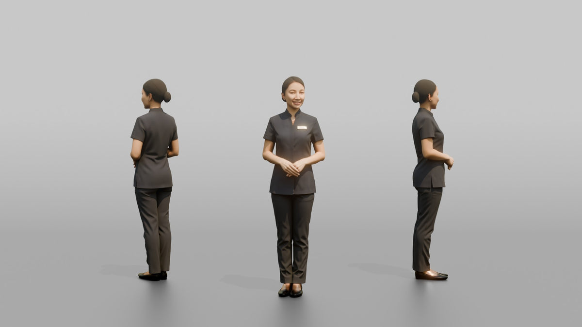Spa Receptionist Woman Standing With Hands Folded, Welcoming Posture - 3D character model, view 1
