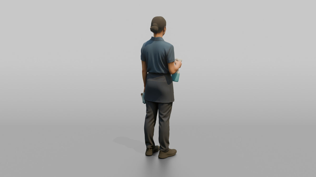 Housekeeping Staff Man Holding A Spray Bottle And Cloth - 3D character model, view 3