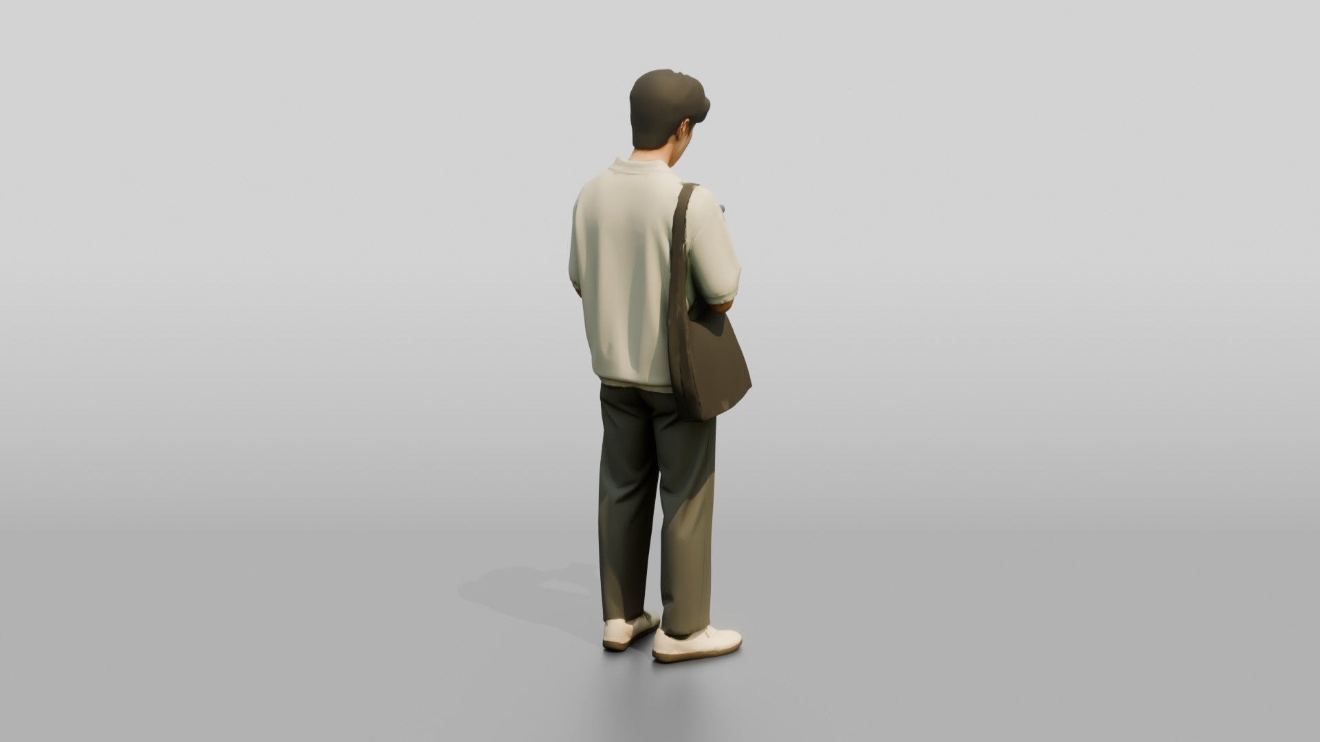 Man Checking Phone in Cream Polo