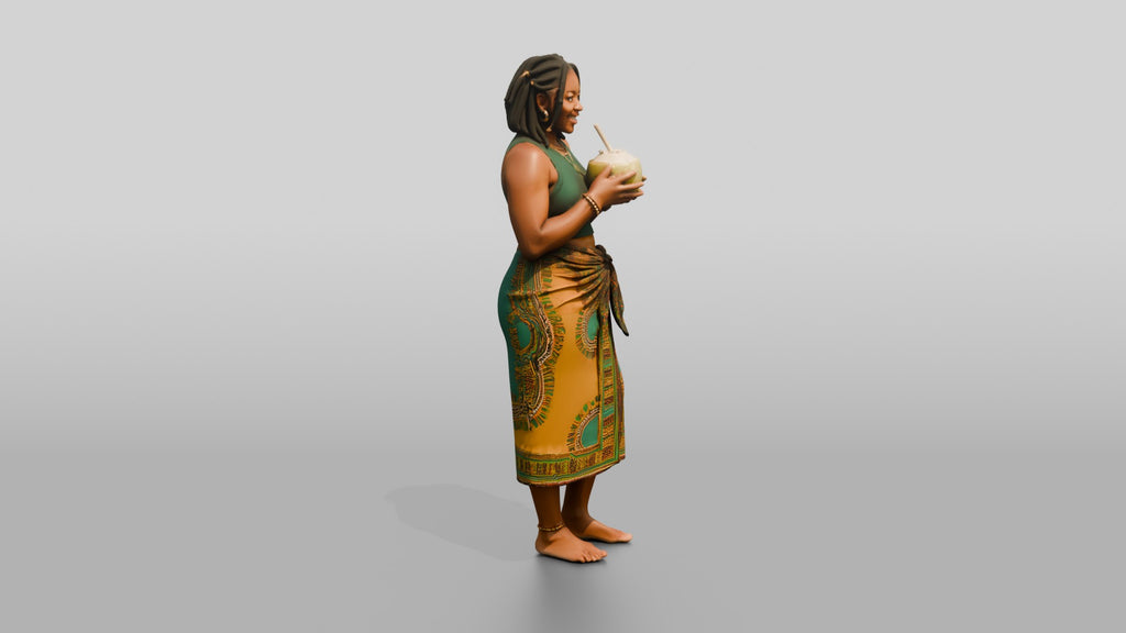 Curvy African Woman Drinking a Coconut in a Wrap Skirt