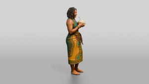 Curvy African Woman Drinking a Coconut in a Wrap Skirt - 3D character model, view 1