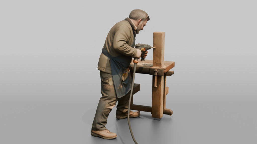 Farmer Drilling Hole Into Fence Timber Post