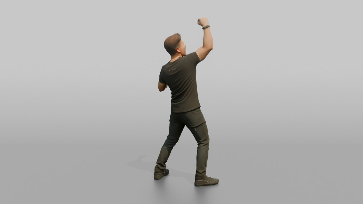 Club DJ Man Fist Raised In The Air, Energetic Pose - 3D character model, view 3