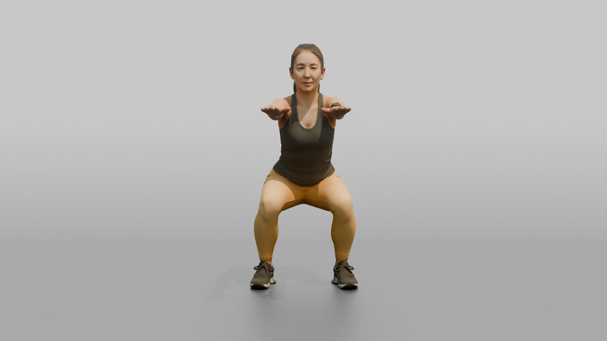 Bodyweight Athlete Woman Doing A Bodyweight Squat, Arms Extended Forward - 3D character model, view 5