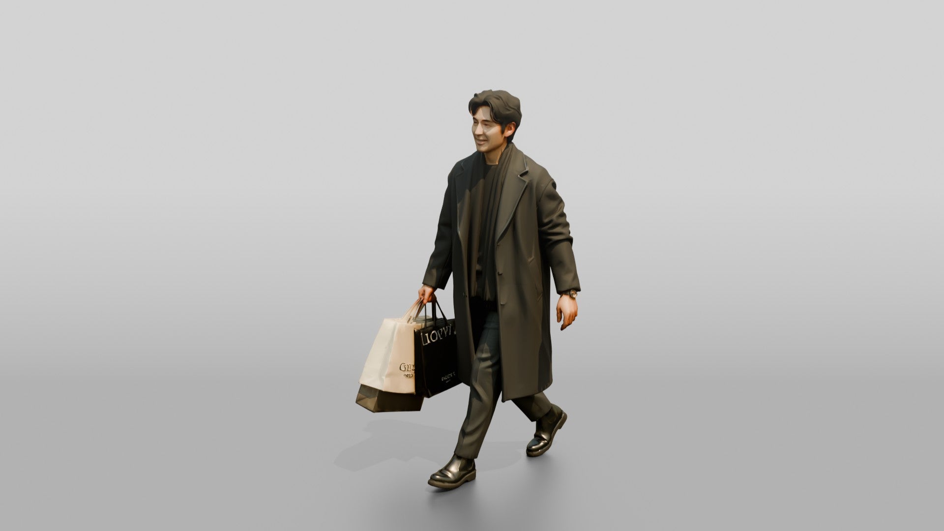 Man Walking in Long Wool Coat with Shopping Bags