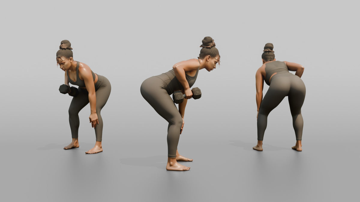 Weightlifter Woman Performing A Bent-over Dumbbell Row - 3D character model, view 1