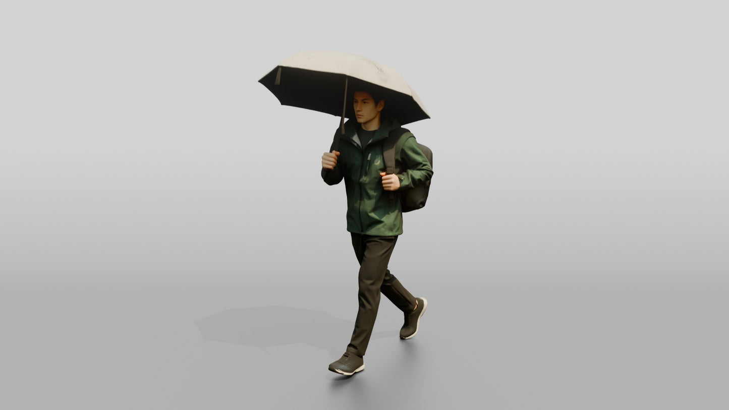 East Asian Man in Green Rain Jacket with Umbrella