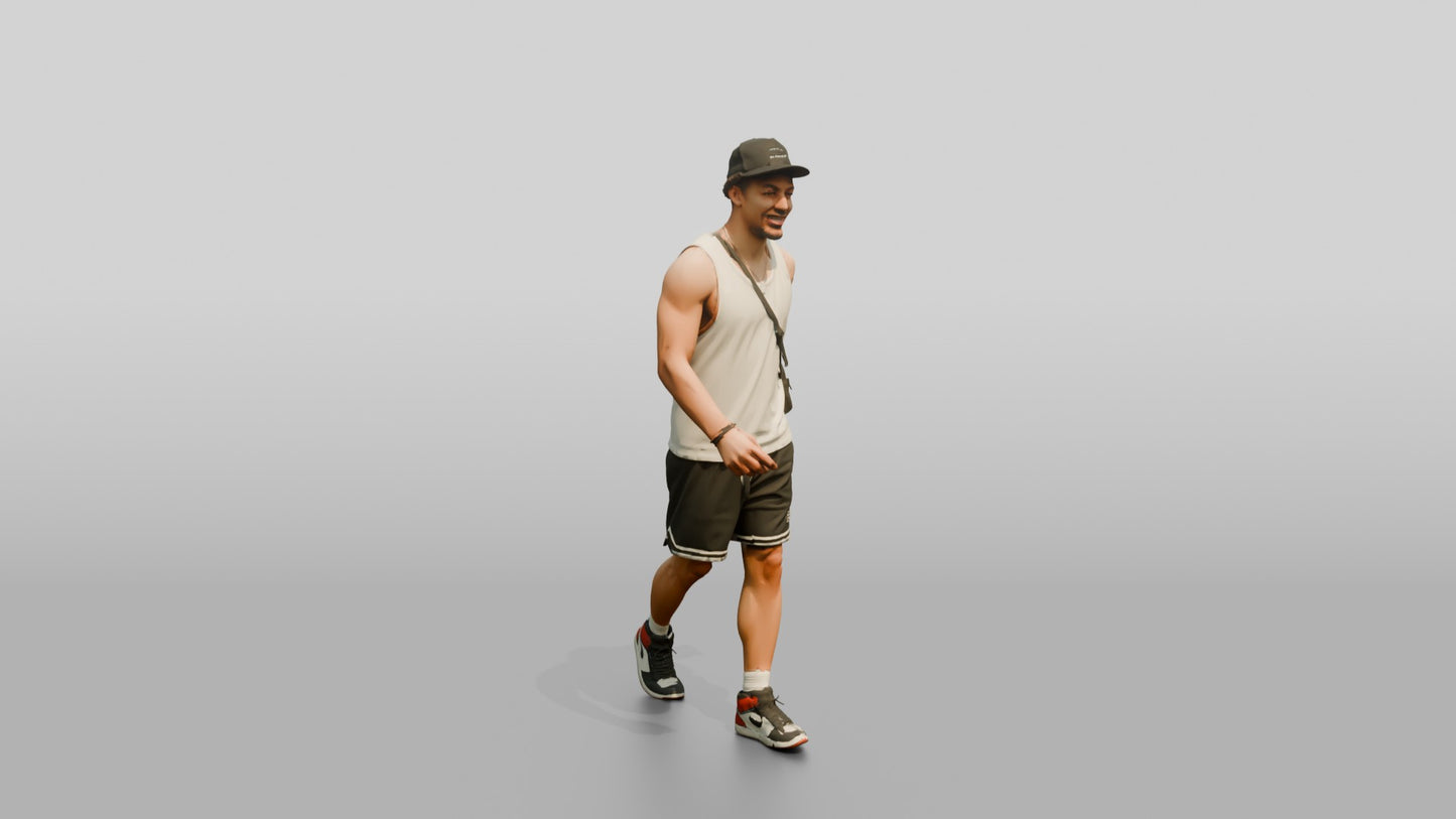 African-American Man Walking Dynamically on the Boardwalk