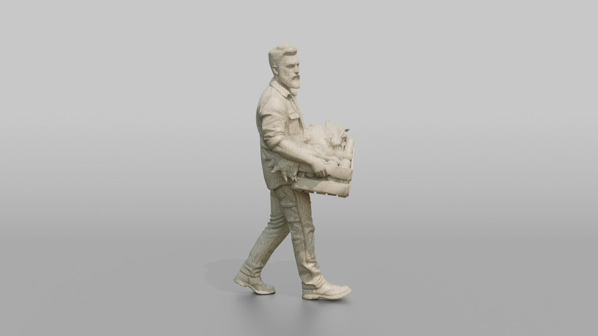 Farmer Carrying Wooden Crate Filled Harvested Organic - wireframe topology preview