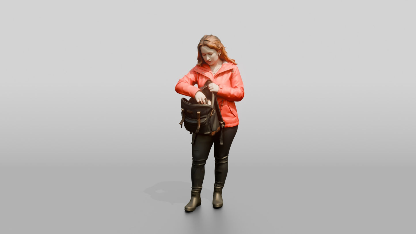 White Woman in Red Jacket Looking for Keys