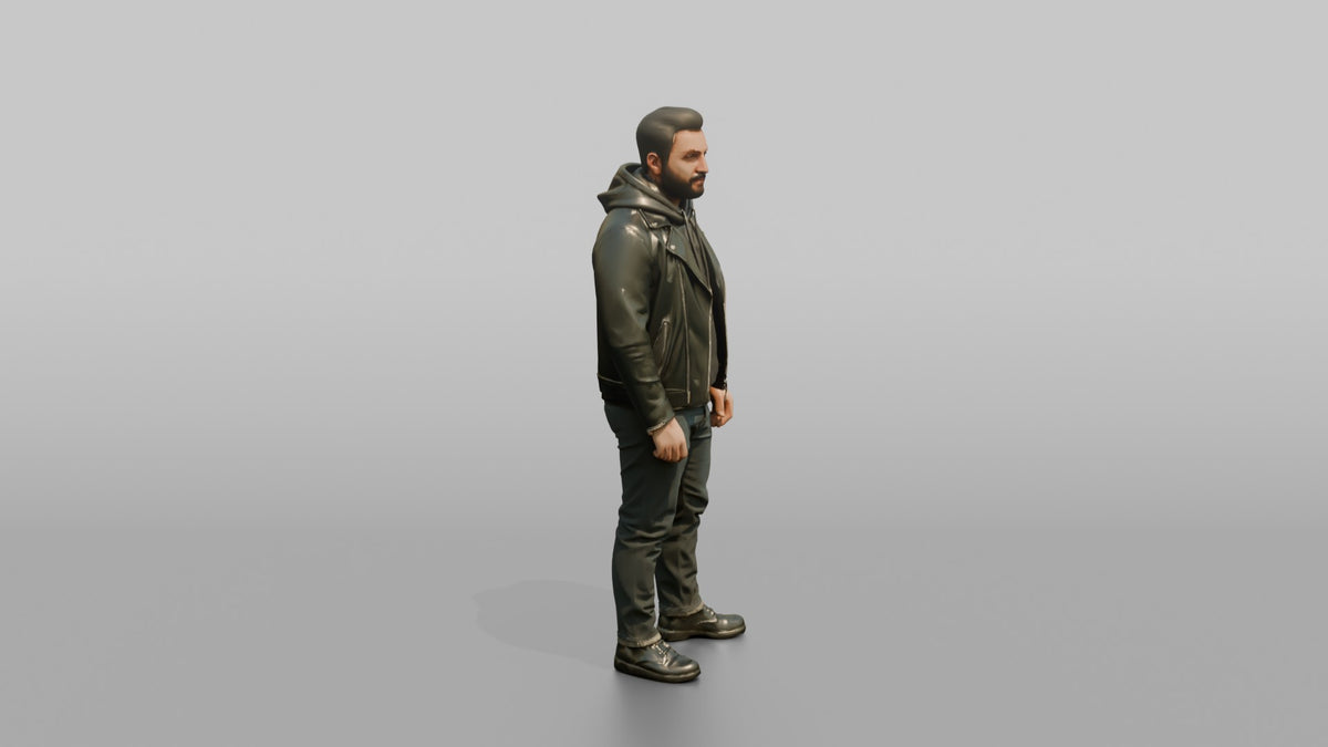 Man in Moto Jacket and Hoodie Standing - 3D character model, view 2