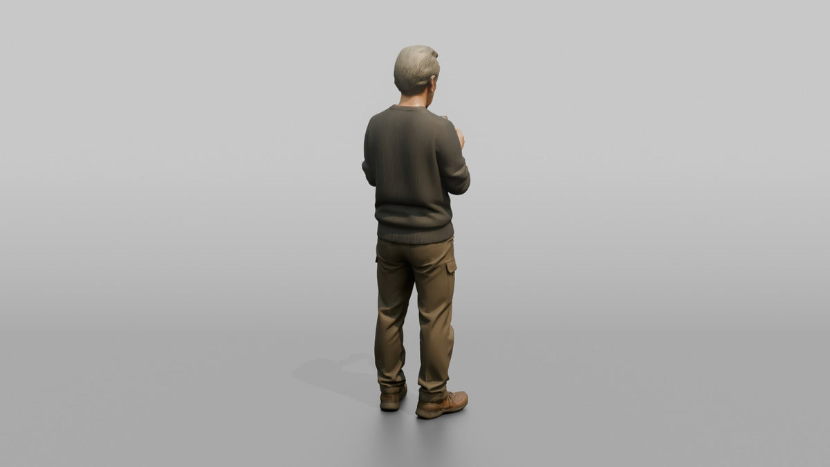 Grandfather Holding A Pipe, Examining It Thoughtfully - 3D character model, view 3
