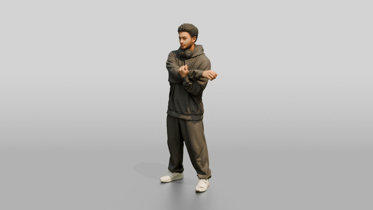 Man Stretching Arms in Oversized Hoodie - 3D character model, view 4