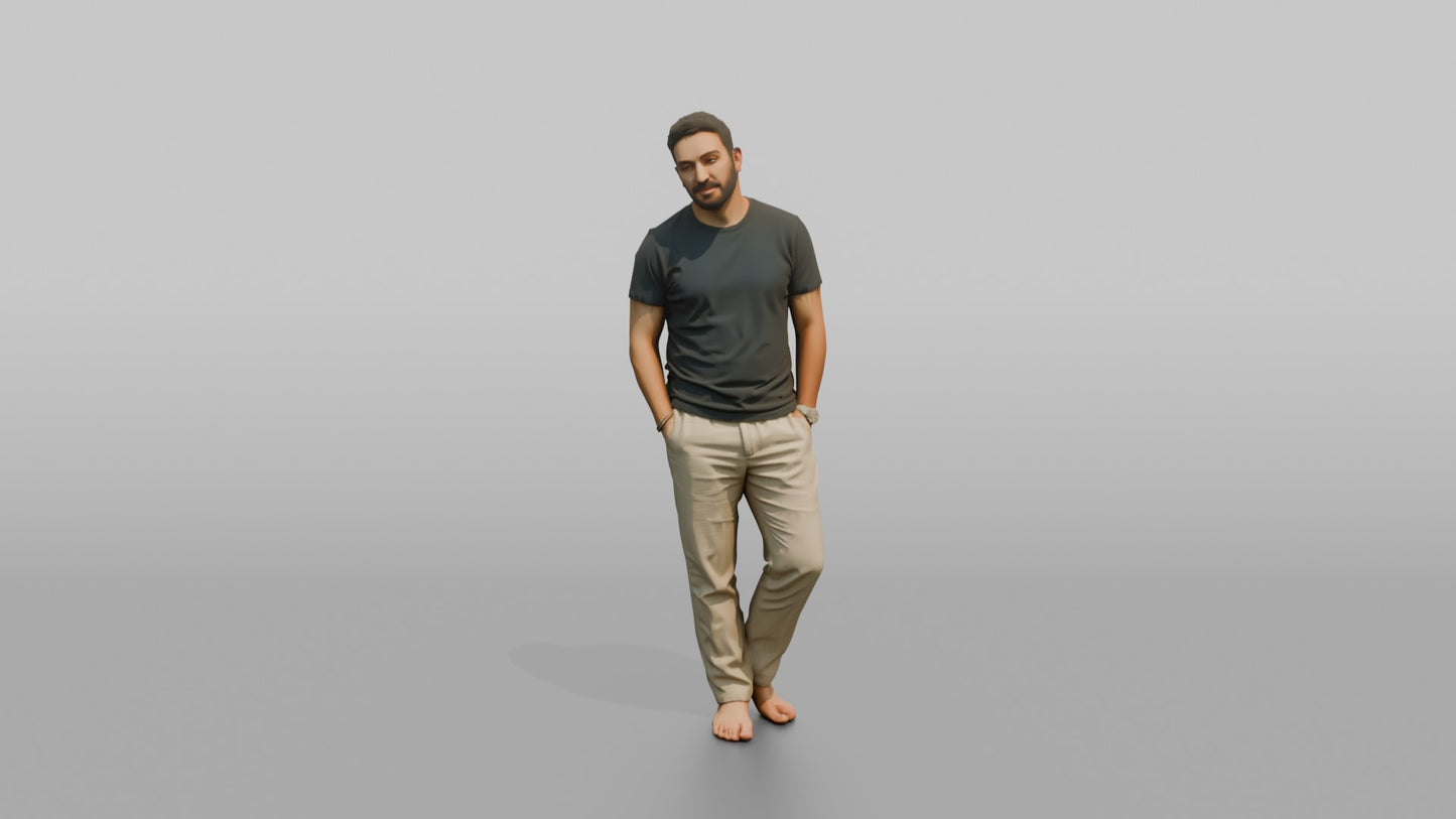 Vacationer Wearing Casual Crewneck Shirt And Linen Pants
