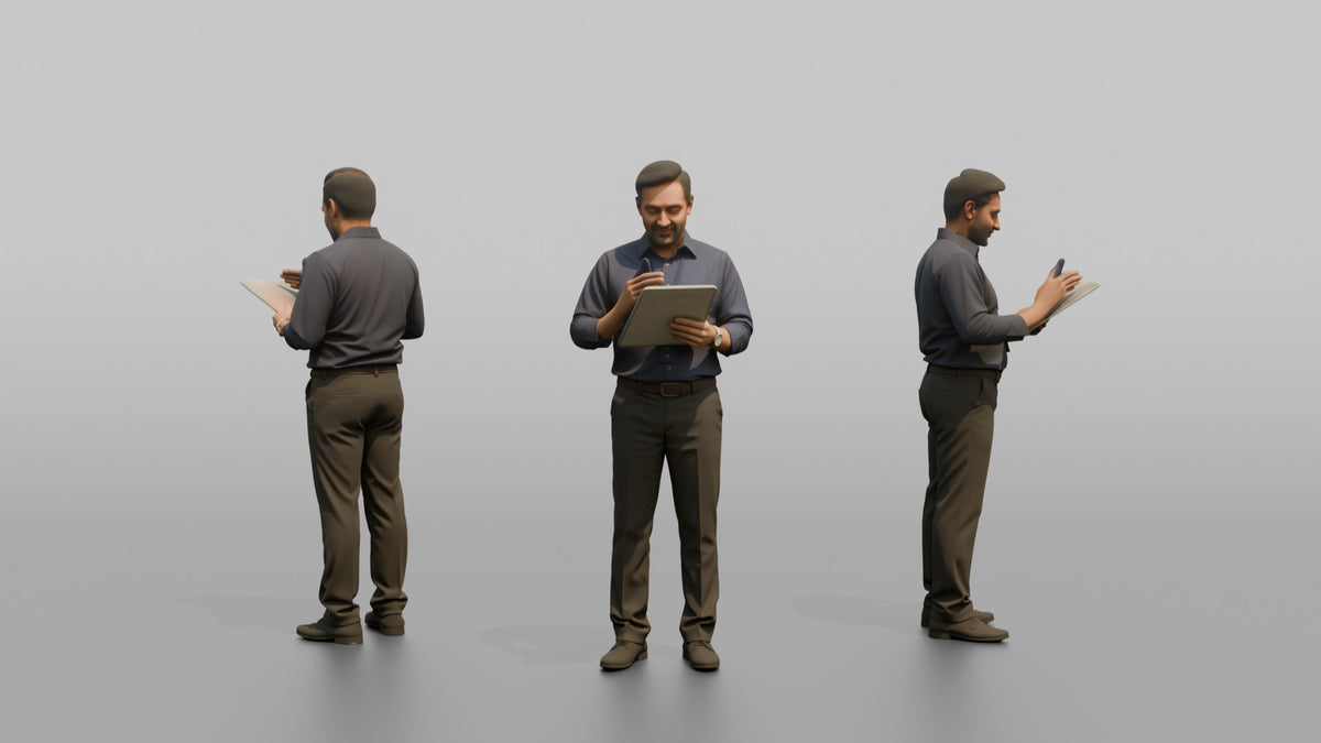 Man Store Manager Reviewing An Inventory Clipboard - 3D character model, view 1