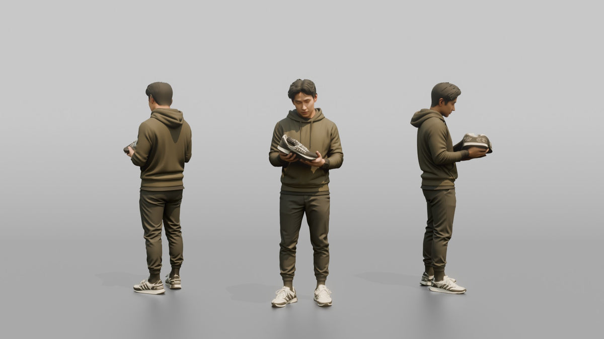 Man Customer Holding Up A Pair Of Sneakers To Inspect Them - 3D character model, view 1