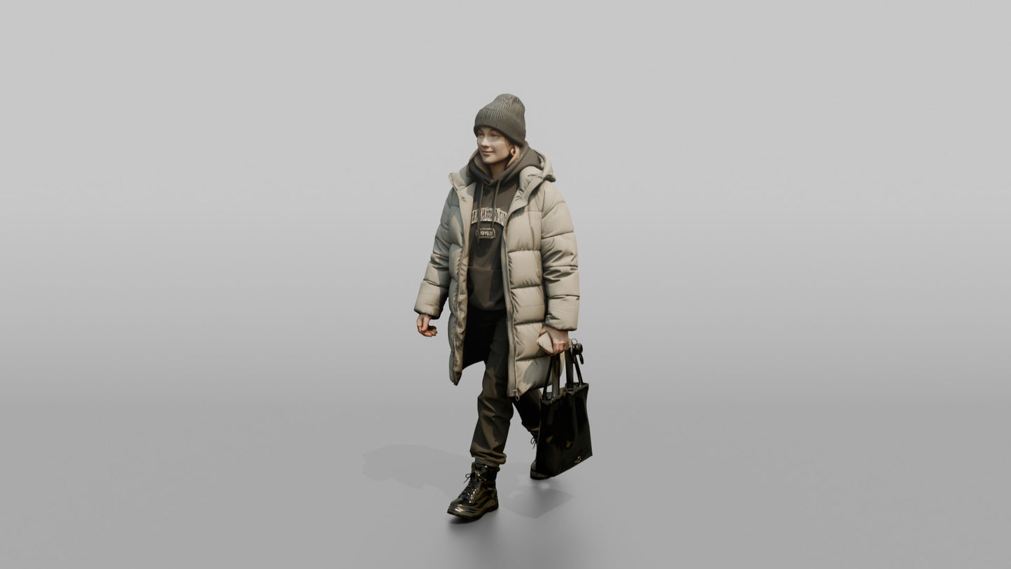 Scandinavian Woman Walking in an Oversized Puffer Coat